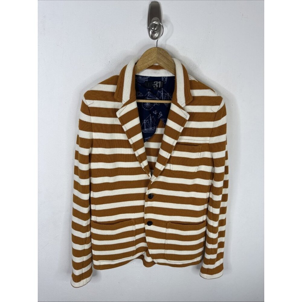 Le 31 Nautical Stripe Knit Cotton Blazer Brown‎ White Men Small Cardigan Preppy